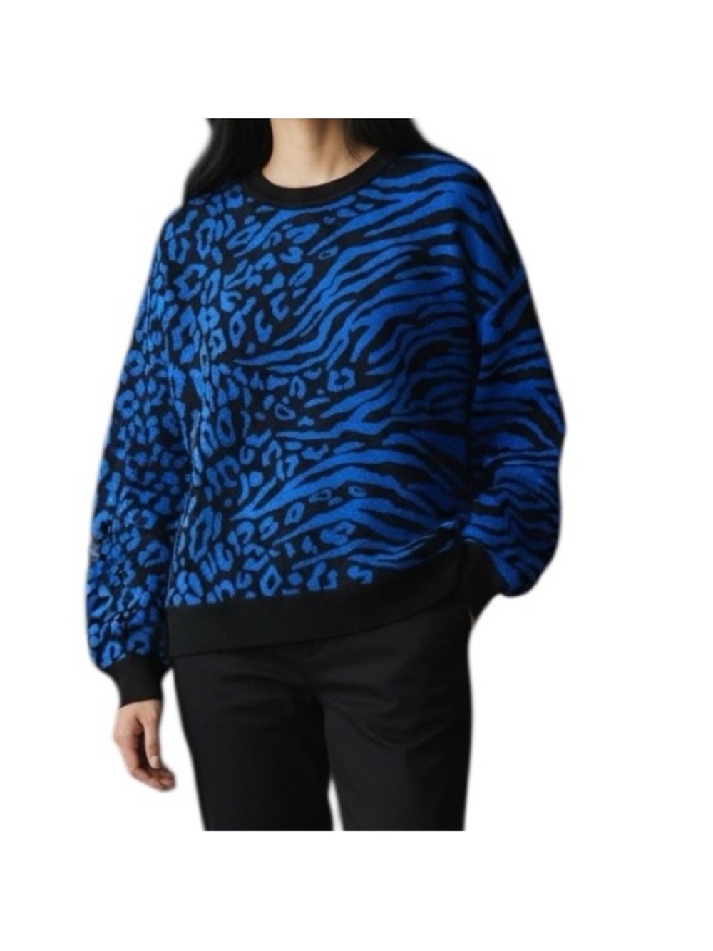 Beautiful Bar III Women’s Blue and Black Animal-Print Crewneck Sweater